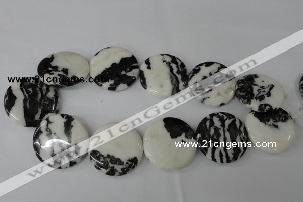 CZJ225 15.5 inches 35mm flat round black & white zebra jasper beads