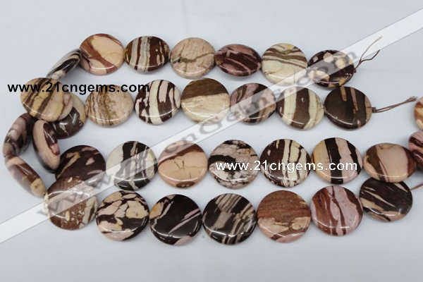 CZJ365 15.5 inches 25mm flat round zebra jasper beads wholesale