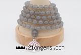 GMN1187 Hand-knotted 8mm, 10mm grey agate 108 beads mala necklaces with charm