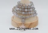 GMN1189 Hand-knotted 8mm, 10mm grey banded agate 108 beads mala necklaces with charm