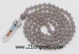 GMN1416 Hand-knotted 8mm, 10mm grey agate 108 beads mala necklace with pendant