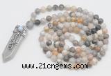 GMN1522 Hand-knotted 8mm, 10mm bamboo leaf agate 108 beads mala necklace with pendant