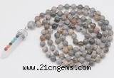 GMN1523 Hand-knotted 8mm, 10mm silver needle agate 108 beads mala necklace with pendant