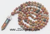GMN1532 Hand-knotted 8mm, 10mm picasso jasper 108 beads mala necklace with pendant