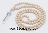 GMN1554 Knotted 8mm, 10mm white fossil jasper 108 beads mala necklace with pendant