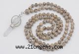 GMN1557 Knotted 8mm, 10mm feldspar 108 beads mala necklace with pendant