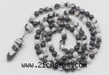 GMN1610 Hand-knotted 6mm black & white jasper 108 beads mala necklace with pendant