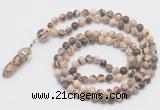 GMN1655 Hand-knotted 6mm zebra jasper 108 beads mala necklaces with pendant