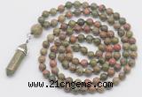 GMN1664 Hand-knotted 6mm unakite 108 beads mala necklaces with pendant