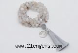 GMN1751 Knotted 8mm, 10mm montana agate 108 beads mala necklace with tassel & charm