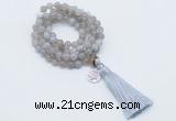 GMN1752 Knotted 8mm, 10mm grey banded agate 108 beads mala necklace with tassel & charm