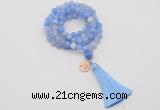 GMN1753 Knotted 8mm, 10mm blue banded agate 108 beads mala necklace with tassel & charm