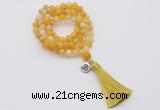 GMN1755 Knotted 8mm, 10mm yellow banded agate 108 beads mala necklace with tassel & charm