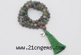 GMN1762 Knotted 8mm, 10mm Indian agate 108 beads mala necklace with tassel & charm