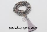 GMN1765 Knotted 8mm, 10mm Botswana agate 108 beads mala necklace with tassel & charm