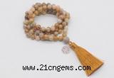 GMN1767 Knotted 8mm, 10mm fossil coral 108 beads mala necklace with tassel & charm