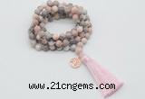 GMN1770 Knotted 8mm, 10mm pink zebra jasper 108 beads mala necklace with tassel & charm