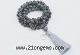 GMN1793 Knotted 8mm, 10mm snowflake obsidian 108 beads mala necklace with tassel & charm