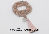 GMN1805 Knotted 8mm, 10mm moonstone 108 beads mala necklace with tassel & charm