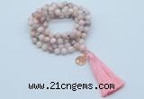 GMN1807 Knotted 8mm, 10mm natural pink opal 108 beads mala necklace with tassel & charm