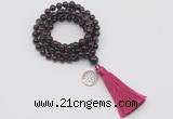 GMN1811 Knotted 8mm, 10mm garnet 108 beads mala necklace with tassel & charm