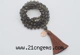 GMN1819 Knotted 8mm, 10mm smoky quartz 108 beads mala necklace with tassel & charm
