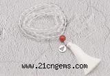 GMN1822 Knotted 8mm, 10mm white crystal 108 beads mala necklace with tassel & charm