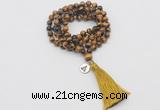 GMN1827 Knotted 8mm, 10mm yellow tiger eye 108 beads mala necklace with tassel & charm