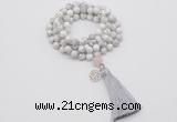 GMN1839 Knotted 8mm, 10mm white howlite 108 beads mala necklace with tassel & charm