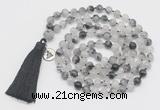 GMN1873 Knotted 8mm, 10mm black rutilated quartz 108 beads mala necklace with tassel & charm