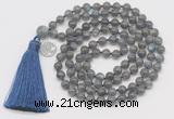 GMN1874 Knotted 8mm, 10mm labradorite 108 beads mala necklace with tassel & charm