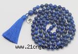 GMN1881 Knotted 8mm, 10mm lapis lazuli 108 beads mala necklace with tassel & charm