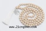 GMN1889 Knotted 8mm, 10mm white fossil jasper 108 beads mala necklace with tassel & charm