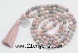 GMN1890 Knotted 8mm, 10mm pink zebra jasper 108 beads mala necklace with tassel & charm