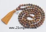 GMN1892 Knotted 8mm, 10mm red moss agate 108 beads mala necklace with tassel & charm