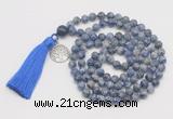 GMN1894 Knotted 8mm, 10mm blue spot stone 108 beads mala necklace with tassel & charm