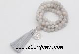 GMN2001 Knotted 8mm, 10mm matte white crazy agate 108 beads mala necklace with tassel & charm