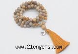 GMN2004 Knotted 8mm, 10mm matte fossil coral 108 beads mala necklace with tassel & charm