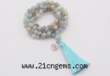 GMN2023 Knotted 8mm, 10mm matte amazonite 108 beads mala necklace with tassel & charm