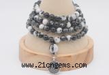 GMN2411 Hand-knotted 6mm black & white jasper 108 beads mala necklace with charm