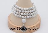 GMN2418 Hand-knotted 6mm white howlite 108 beads mala necklace with charm