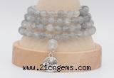 GMN2470 Hand-knotted 6mm cloudy quartz 108 beads mala necklaces with charm