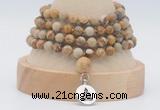 GMN2474 Hand-knotted 6mm picture jasper 108 beads mala necklaces with charm