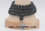 GMN2477 Hand-knotted 6mm black lava 108 beads mala necklaces with charm