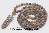 GMN2608 Hand-knotted 8mm, 10mm matte picasso jasper 108 beads mala necklace with pendant