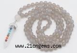GMN2627 Knotted 8mm, 10mm matte grey agate 108 beads mala necklace with pendant