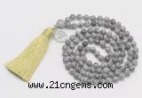 GMN313 Hand-knotted 6mm grey picture jasper 108 beads mala necklaces with tassel & charm