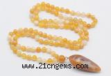 GMN4005 Hand-knotted 8mm, 10mm yellow banded agate 108 beads mala necklace with pendant