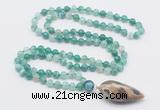 GMN4010 Hand-knotted 8mm, 10mm green banded agate 108 beads mala necklace with pendant