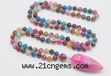 GMN4011 Hand-knotted 8mm, 10mm colorful banded agate 108 beads mala necklace with pendant